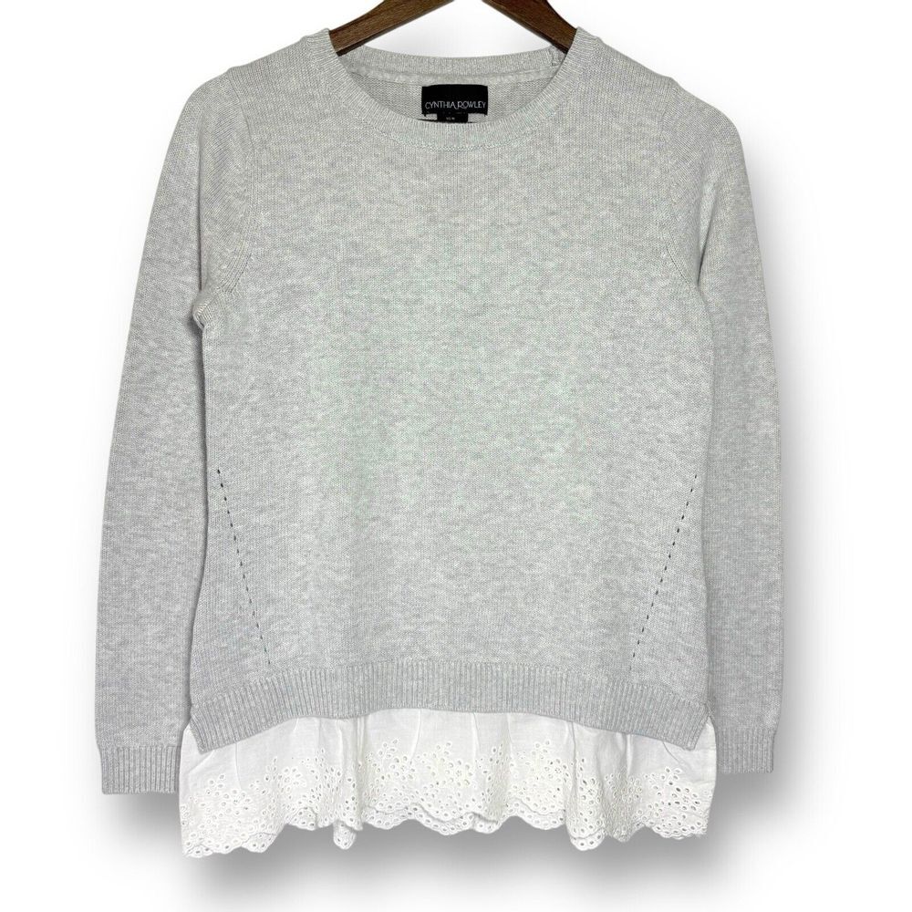Cynthia Rowley Women's M Cotton Gray Knit Pullover Sweater Eyelet Ruffle Hem